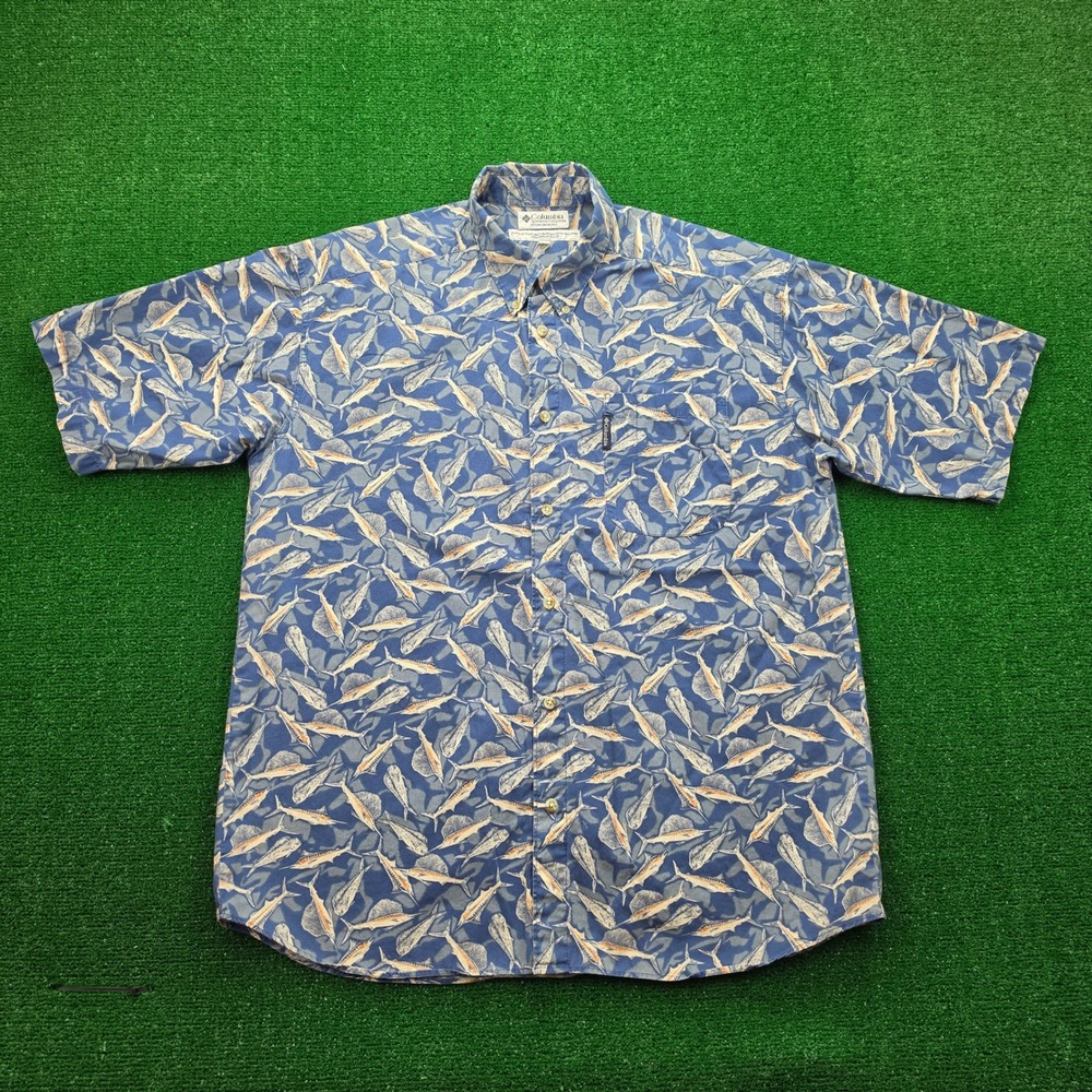 Vintage Columbia Sportswear Shirt Mens XL Blue Billfish & Sailfish AOP Fishing